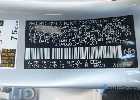 2006 Toyota Prius z USA, uszkodzony, nr VIN JTDKB20U267514501